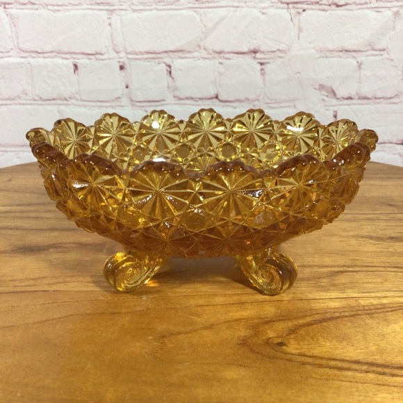 Vintage LG Wright Fenton Daisy and Buttons Amber Glass Footed Oval Dish - Picture 1 of 9